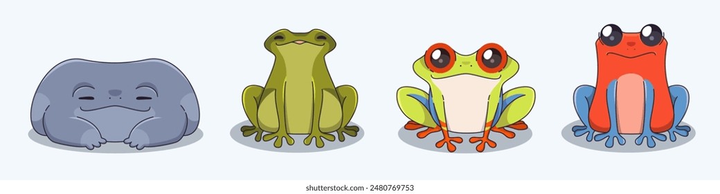 Süße aquatische und tropische Frosch Charakter von verschiedenen Farben und Arten. Sitzen auf dem Boden comic kindisch Kröte Tier. Cartoon Vektorillustration Set von lustigen amphibischen Kreatur und Froglet Maskottchen.