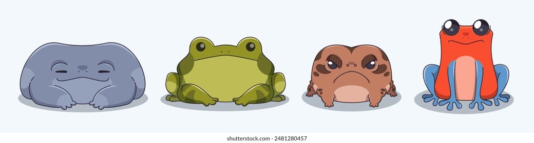 Süße aquatische und tropische Frosch Charakter von verschiedenen Farben und Arten. Sitzen auf dem Boden comic kindisch Kröte Tier. Cartoon Vektorillustration Set von lustigen amphibischen Kreatur und Froglet Maskottchen.