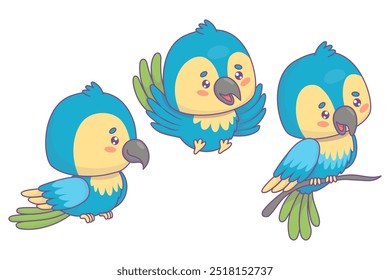 Linda colección de loro Ara. Personajes de aves tropicales kawaii de dibujos animados divertidos aislados. Ilustración vectorial