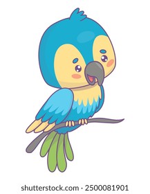 Cute Ara parrot on branch. Funny cartoon kawaii yellow blue bird. Vector illustration. Kids collection