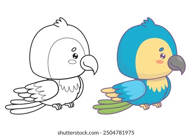 Cute Ara parrot. Outline and color drawing. Isolated funny cartoon kawaii tropical bird characters. Vector illustration. Kids collection