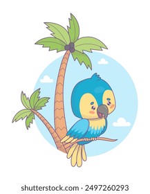 Cute Ara parrot with tropical palm trees. Funny cartoon kawaii yellow blue bird. Vector illustration. Kids collection.