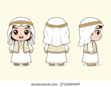 A cute Arab boy character shown from three different angles: front, back, and side.