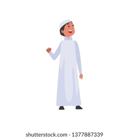 Cute Arab Boy in White Traditional Muslim Clothes Vector Illustration