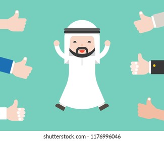 Cute arab business man happy because people thumbs up on him, business situation success concept or positive feedback from social concept , flat design