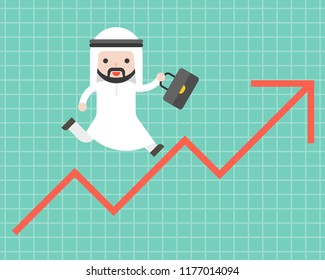 Cute arab business man running on arrow up, business situation concept, flat design