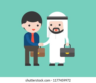 Cute arab business man shake hands with business man, deal or cooperation success situation concept, flat design