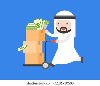Cute arab businessman push cart full with dollar bill in parcel box , flat design business situation how to make money concept