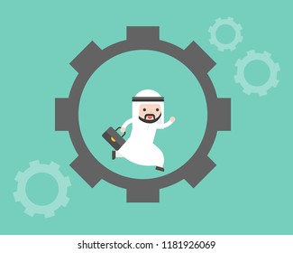 Cute Arab Businessman Running In Cogwheel Flat Design Business Situation Daily Routine Concept Cute Arab Businessman Running In Cogwheel Flat Design Business Situation Daily Routine Concept