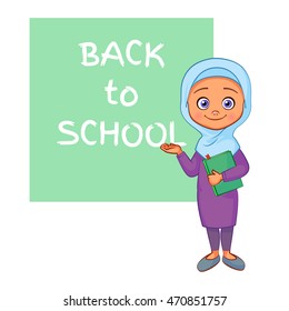 Cute Arab girl with green book. Back to school vector cartoon illustration on white background.