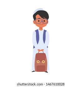 Cute arab or islamic boy with backpack goes to school cartoon character the concept of education in various religions, flat vector illustration isolated on white background.