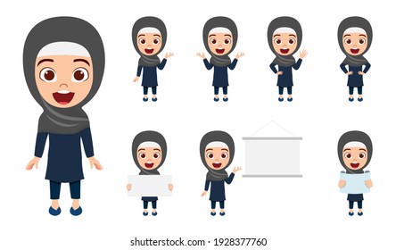 Cute Arab Muslim kid businesswoman character set wearing black hijab outfits with different actions doing with cheerful expression