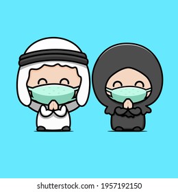 cute arab muslim wears masks cartoon mascot