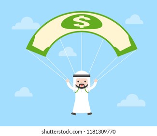 Cute Arab Saudi guy jumping parachute by using dollar bill in sky, business situation risk management concept in flat design