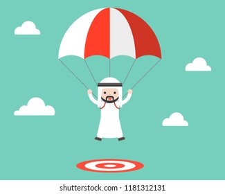 Cute Arab Saudi guy parachuting in sky landing on target, business situation risk management and accuracy concept in flat design