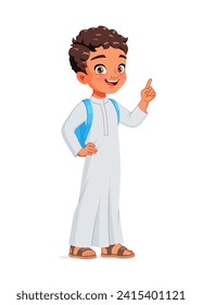 Cute Arab school boy got an idea and index finger pointing up. Cartoon style vector character isolated on white background.