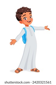 Cute Arab school boy greeting with wide open arms. Cartoon vector illustration isolated on white background.