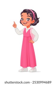 Cute Arab school girl got an idea and index finger pointing up. Cartoon style vector character isolated on white background.