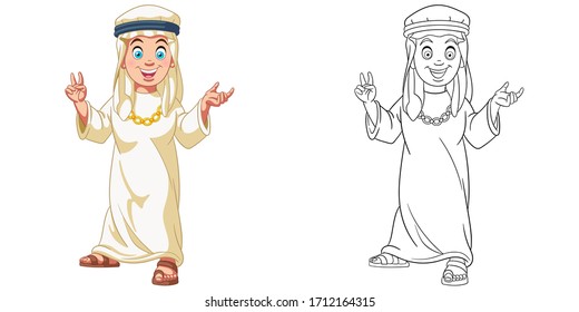 Cute arabian boy. Coloring page and colorful clipart character. Cartoon design for t shirt print, icon, logo, label, patch or sticker. Vector illustration.