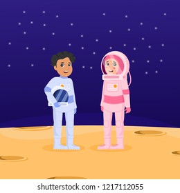Cute Arabian Kids Wearing Astronaut Costume  With Space Backgroynd Vector Cartoon Illustration