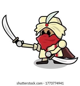  A cute arabian/persian/middle east knight or prince vector/illustraton/mascot with double swords and a red mask with turban