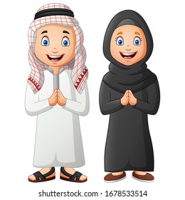 Cute Arabic Kids Cartoon. Vector Illustration