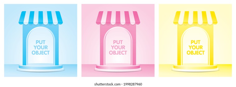 cute arch display stage with awning collection 3d illustration vector on sweet pastel wall and floor