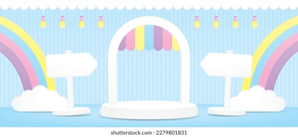 cute arch display stand with colorful pastel awning and rainbow and white signboard on blue floor and wall 3d illustration vector for putting object in kawaii style