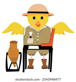 Cute archaeologist chicken with amphora; interesting mascot with a small chicken and objects