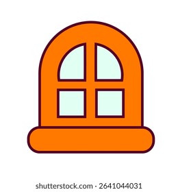 A cute arched window with a cozy orange frame and pastel glass panes. Ideal for home-themed apps, kids designs, or storybook visuals.