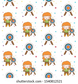 Cute Archer Girl with blonde Hair seamless pattern background Illustration
