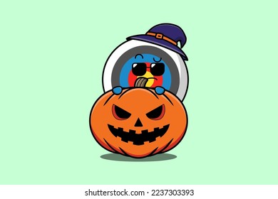 Cute Archery target cartoon character hiding in pumpkin halloween illustration in flat modern design