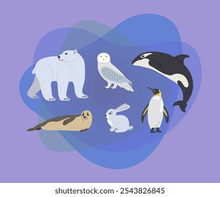 Nette arktische Tier Cartoon Zeichen Vektorgrafiken gesetzt. Eisbär, Pinguin, Robbe, Hase, Eule, Killerwal, Fauna des Nordpols einzeln auf weißem Hintergrund. Winter, Tierwelt, Naturkonzept