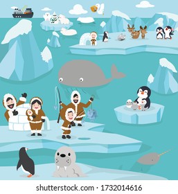 Cute arctic animals cartoon set background