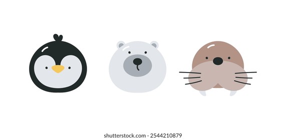 Animais árticos bonitos. Pinguim, urso polar, morsa. Ilustração de vetor plano de desenhos animados. Elementos para impressão, cartaz, cartão.