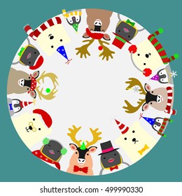cute arctic animals round frame, central white globe can be removed