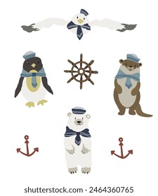 Cute Arctic animals set on a white background. Cartoon flat otter, penguin, arctic polar bear, seagull. North nature fauna animals. Vector illustration in flat