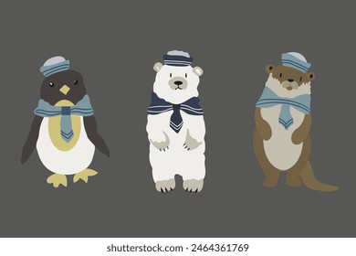 Cute Arctic animals set on a grey background. Cartoon flat otter, penguin, arctic polar bear, seagull. North nature fauna animals. Vector illustration in flat