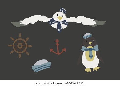 Cute Arctic animals set on a grey background. Cartoon flat otter, penguin, arctic polar bear, seagull. North nature fauna animals. Vector illustration in flat