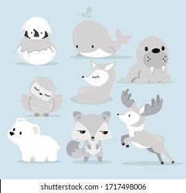 Cute Arctic baby animals in flat design set