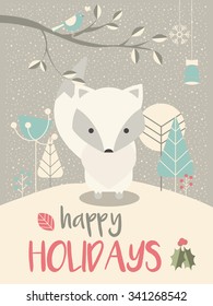 Cute Arctic Christmas baby fox surrounded with floral decoration, vector illustration