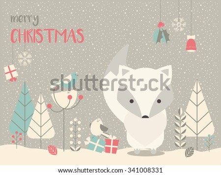 Cute Arctic Christmas Baby Fox Surrounded Stock Vector Royalty Free