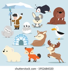 Cute Arctic  flat design Cartoon characters  set