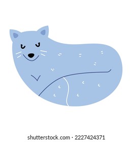 Caracter de zorro ártico, zorro blanco tirado en la nieve y durmiendo, mascota de dibujos animados adorable. ilustración vectorial plana aislada en fondo blanco