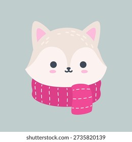 Cute Arctic Fox Head with Scarf Winter Vector Illustration