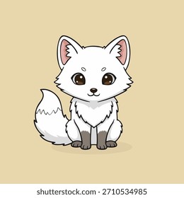 Cute Arctic fox sitting with fluffy white fur and big brown eyes in a charming cartoon style. Perfect for kids books, winter themes, stickers, nursery art, educational materials, and character design.