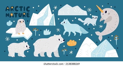 Cute arctic nature. Northern animal characters. Icebergs and ice floes. White bears with cub and fox. Cold climate inhabitants. Owl and ocean narwhal. Vector funny polar