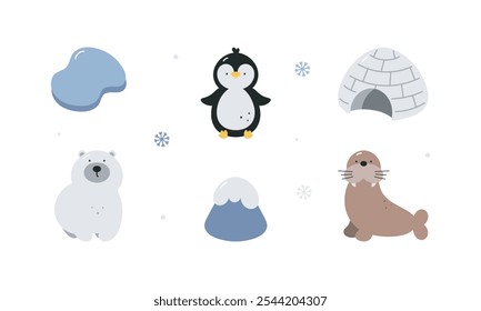 Conjunto ártico bonito. Pinguim, urso polar, morsa, iglu-gelo, gelo flutuante, montanha nevada. Animais árticos. Ilustração de vetor plano de desenhos animados. Elementos para impressão, cartaz, cartão.