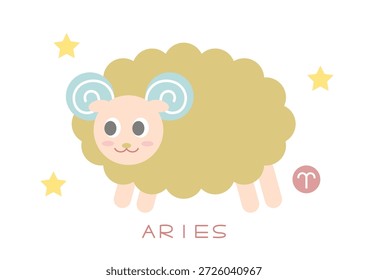 Ilustração vetorial de Aries bonito. Padrão de ovelhas e estrelas. Design simples. Fundo branco.
