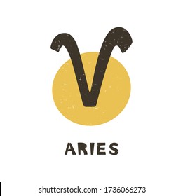 Cute aries zodiac sign. Two-color astrology symbol with handwritten inscription on a transparent background. Vector shabby hand drawn illustration
